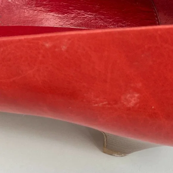 Vintage 80s Red Leather Wood Stacked Kitten Heel Pumps - Picture 13 of 14